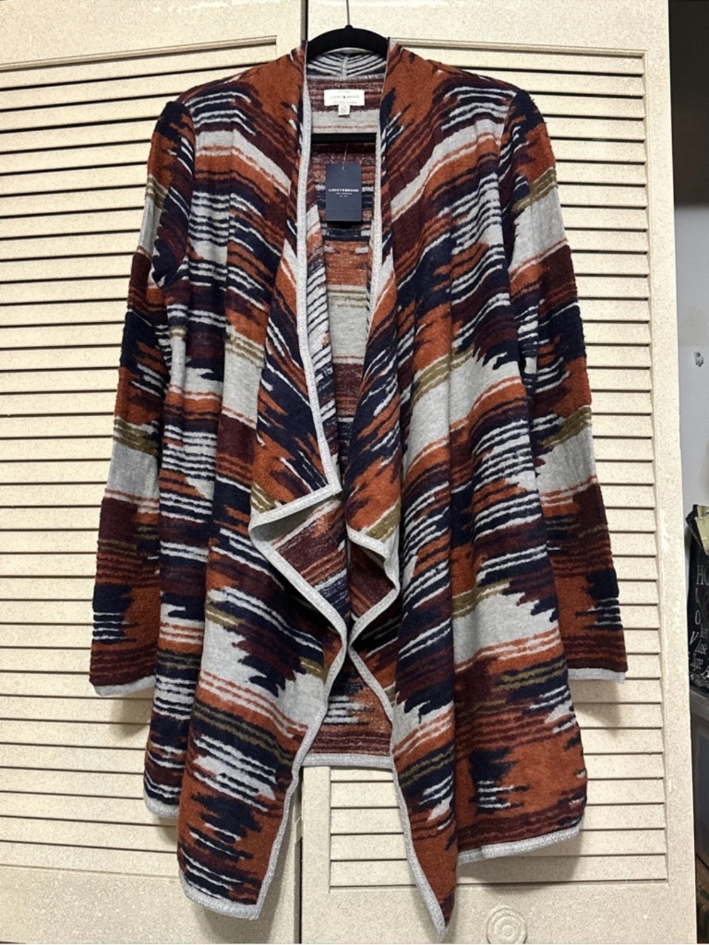 Lucky Brand Rust Navy Cream Olive Striped Open-Front Cardigan